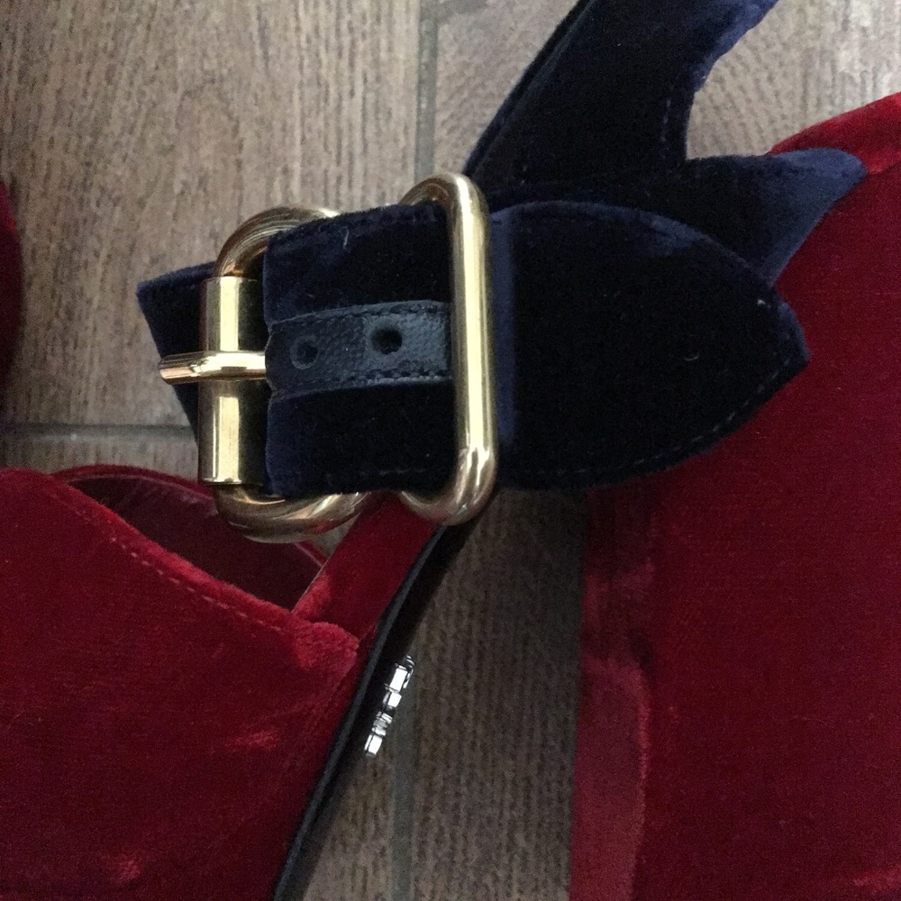 Prada Bicolor Velvet Red & Navy Platform Sandals - Picture 6 of 6